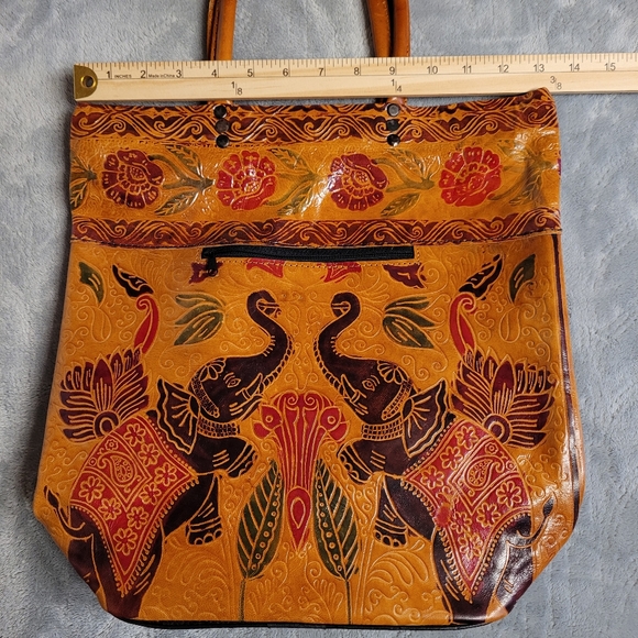 Genuine Leather Made In India Zipper Tote Bag Elephant Design with Bottom Studs - Picture 5 of 13